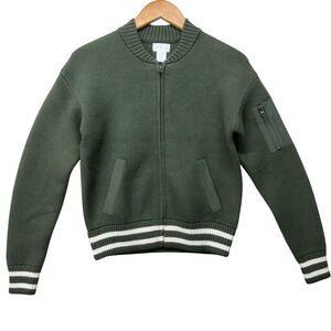 Tweeds Olive Green Knit Bomber Jacket Womens XS Striped Trim Full Zip Sweater